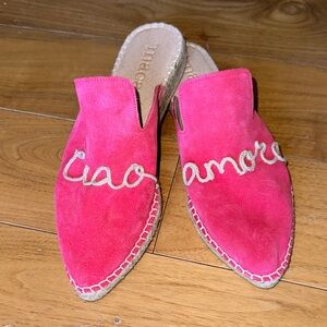 Soludos Pink Suede Embroidered Mules